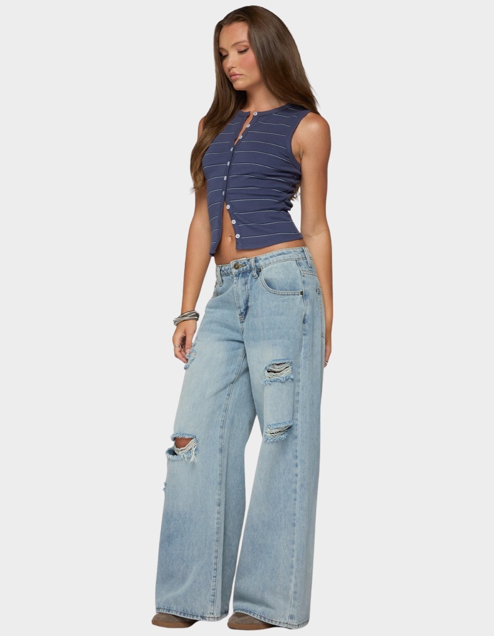 EDIKTED Brynne Striped Button Up Top - NAVY