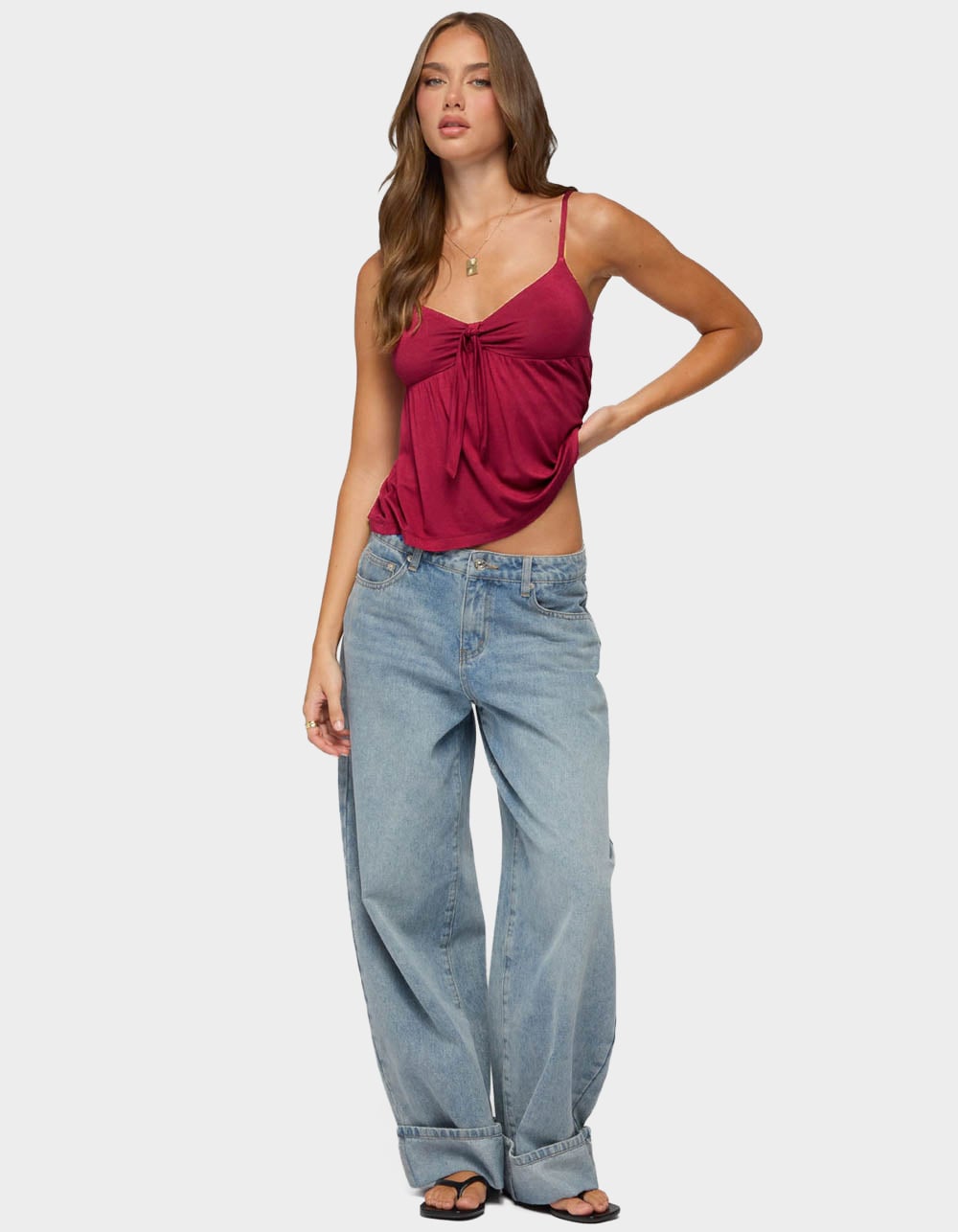 EDIKTED Michey Tie Front Babydoll Tank Top