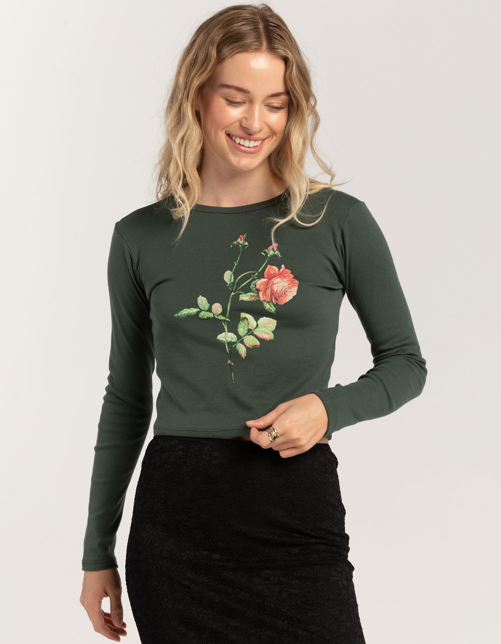 FULL TILT Flower Womens Long Sleeve Baby Tee - GREEN | Tillys