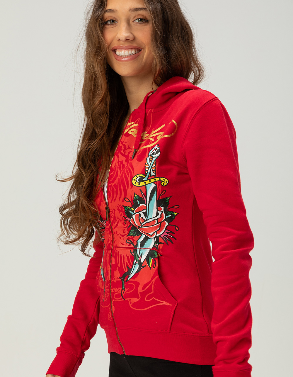 ED HARDY Dagger Roses Womens Long Zip-Up Hoodie - RED