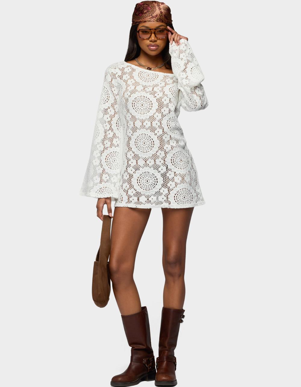 EDIKTED Off Shoulder Sheer Lace Mini Dress - WHITE
