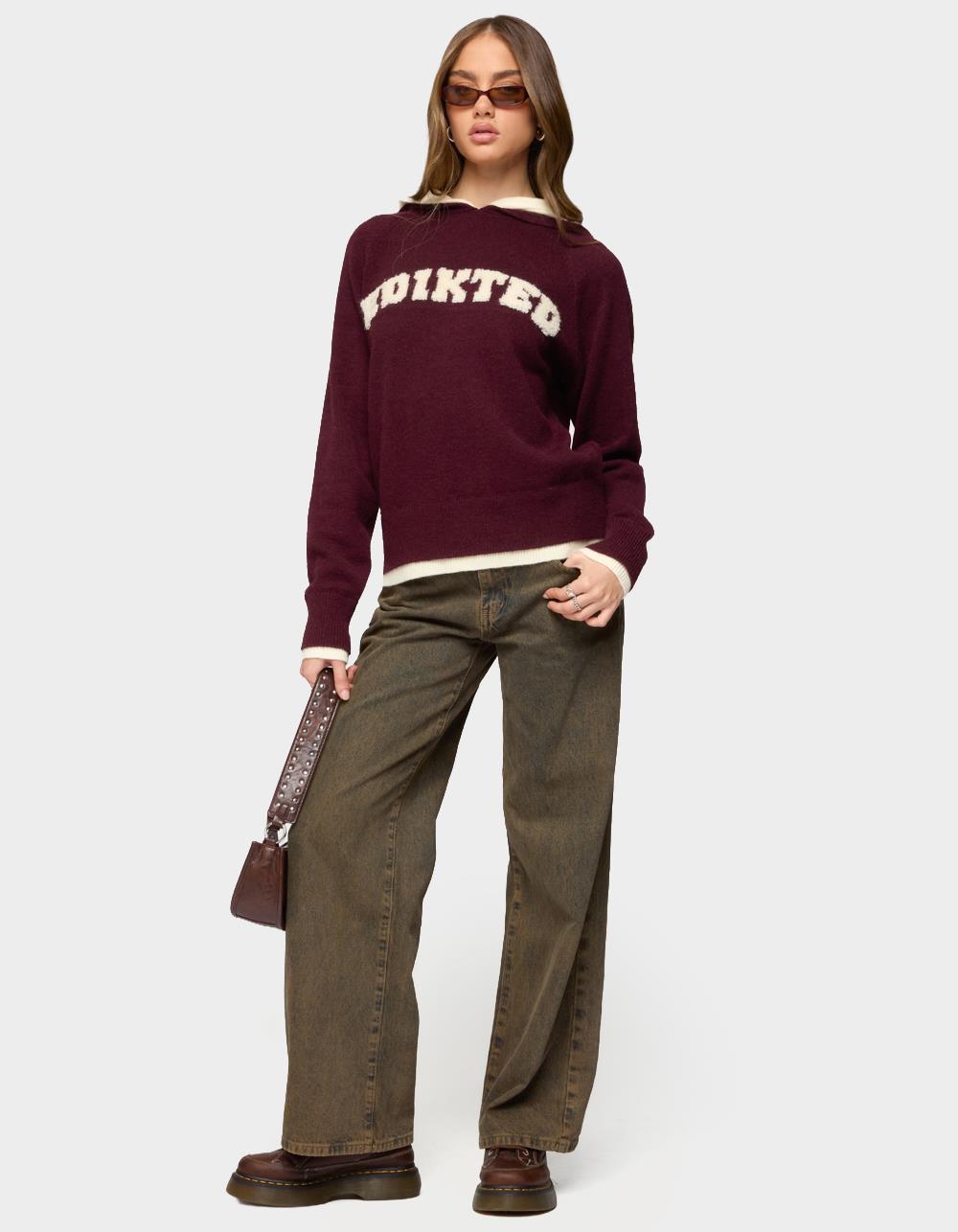 Edikted Varsity Contrast Layered Knit Hoodie - DK RED