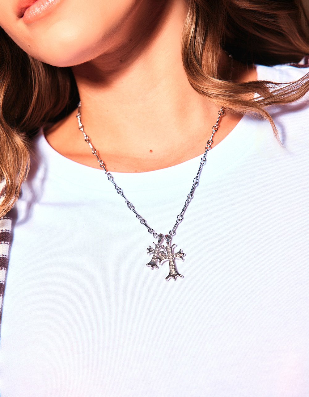 RSQ Cross Charm Necklace - SILVER