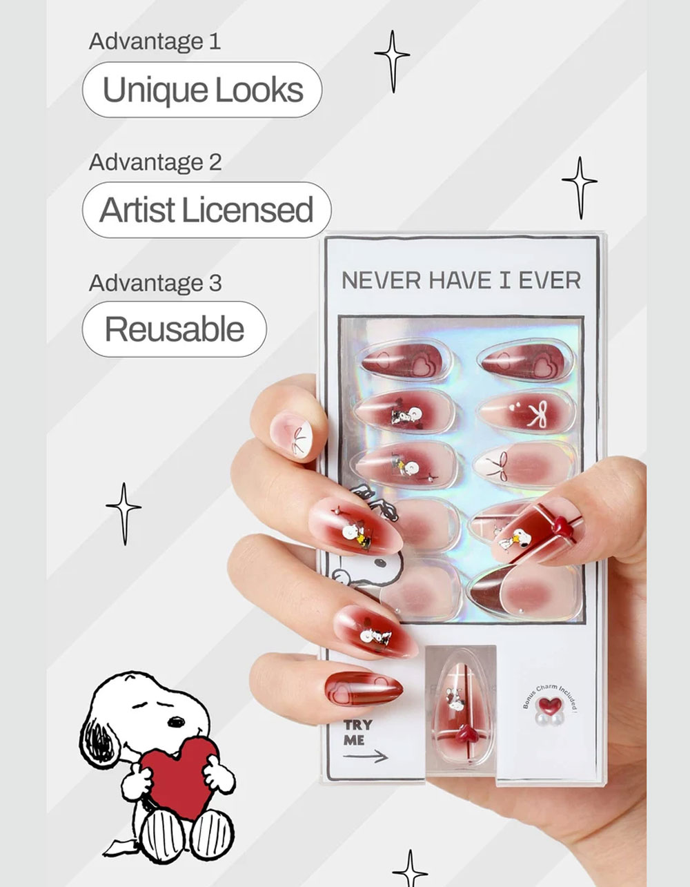 NEVER HAVE I EVER Hearts Of Snoopy Press-On Nails - RED