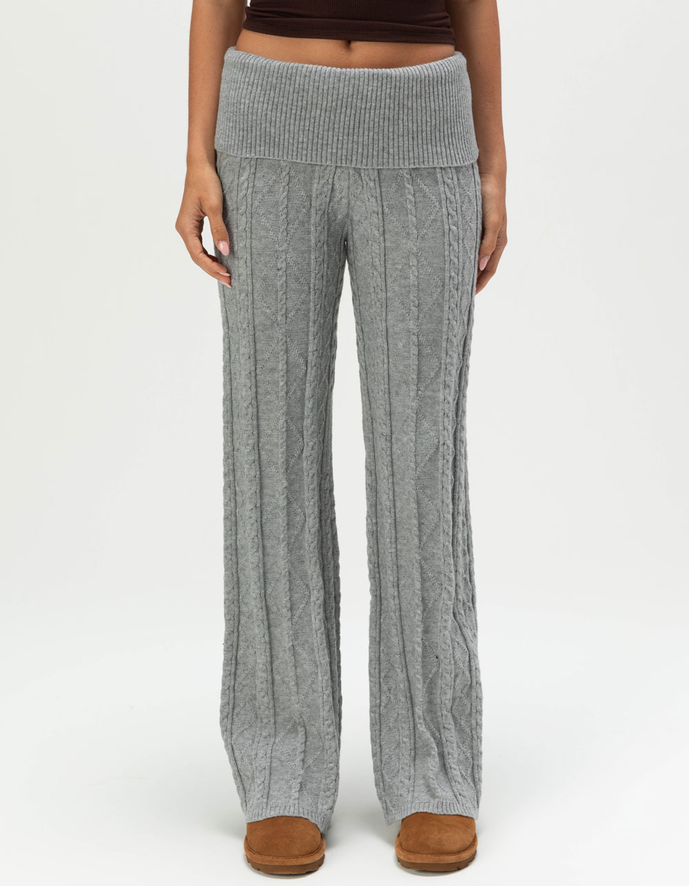 FULL TILT Cable Knit Womens Fold Over Pants - HEATHER GRAY