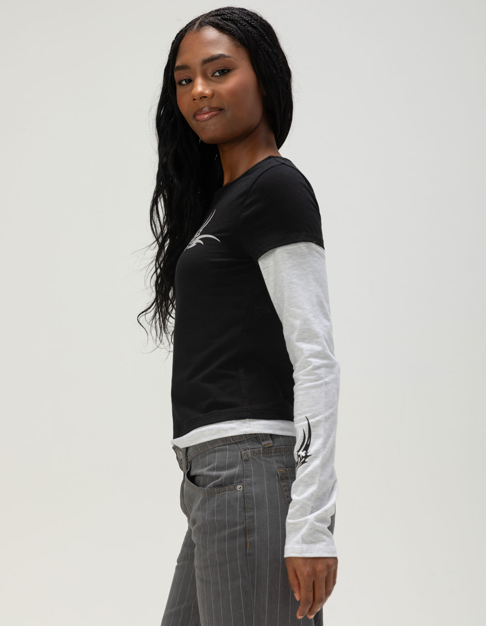 FULL TILT Double Layer Womens Long Sleeve Tee - BLACK COMBO