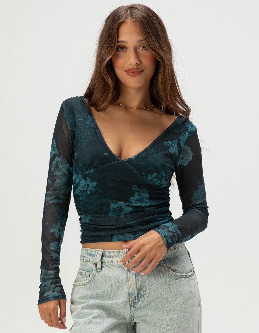 FULL TILT Floral Mesh Ruched Womens Long Sleeve Top - TEAL GREEN