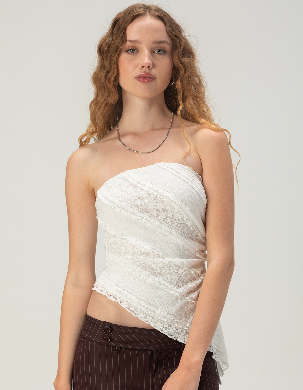 FULL TILT Womens Lace Long Cinch Tube Top - CREAM