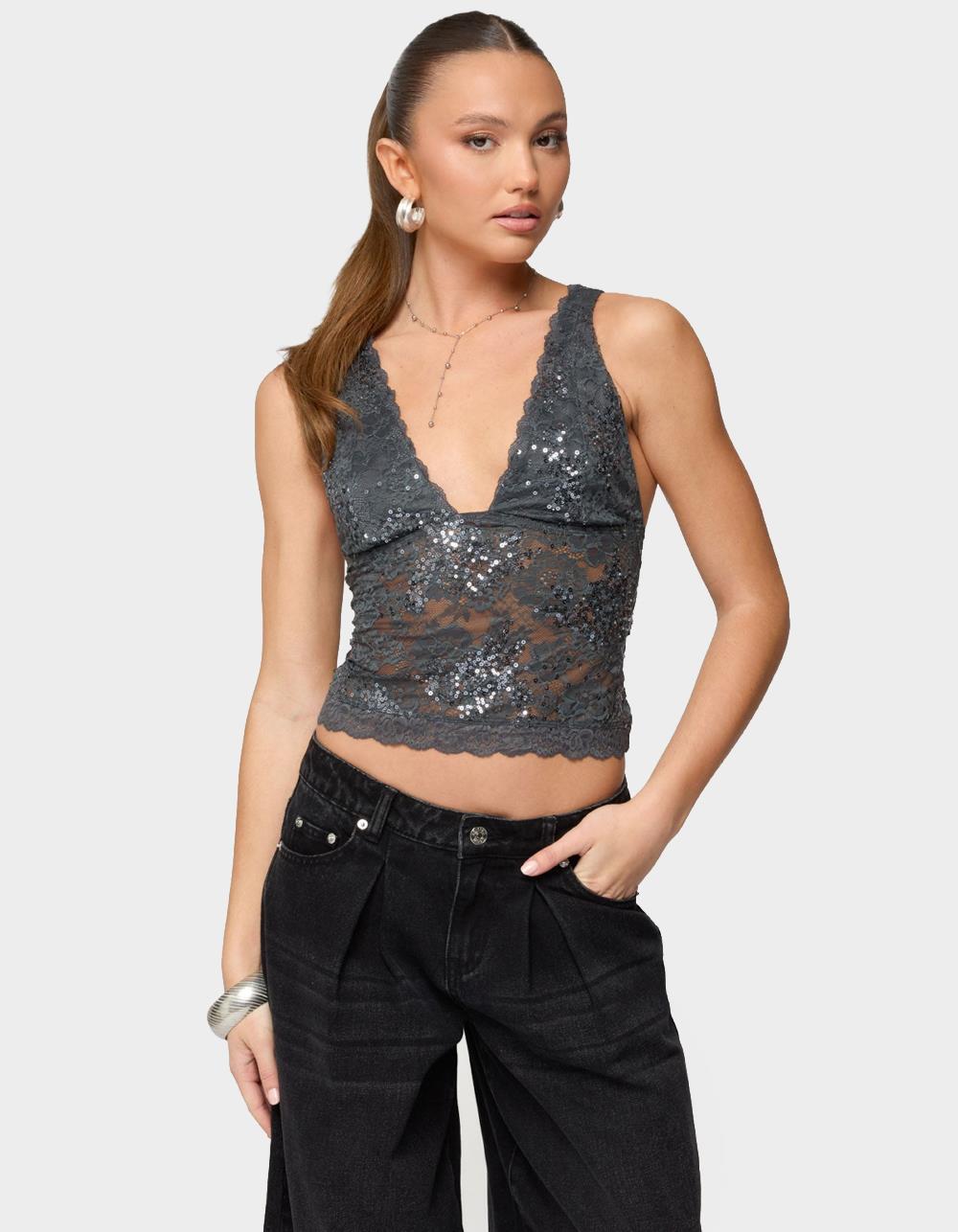 EDIKTED Isabela Sequin Sheer Lace Tank Top - GRAY