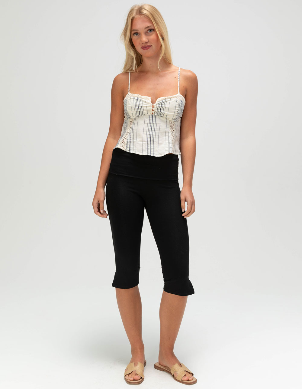 RSQ Womens Stripe Crochet Babydoll Top - Cream Combo
