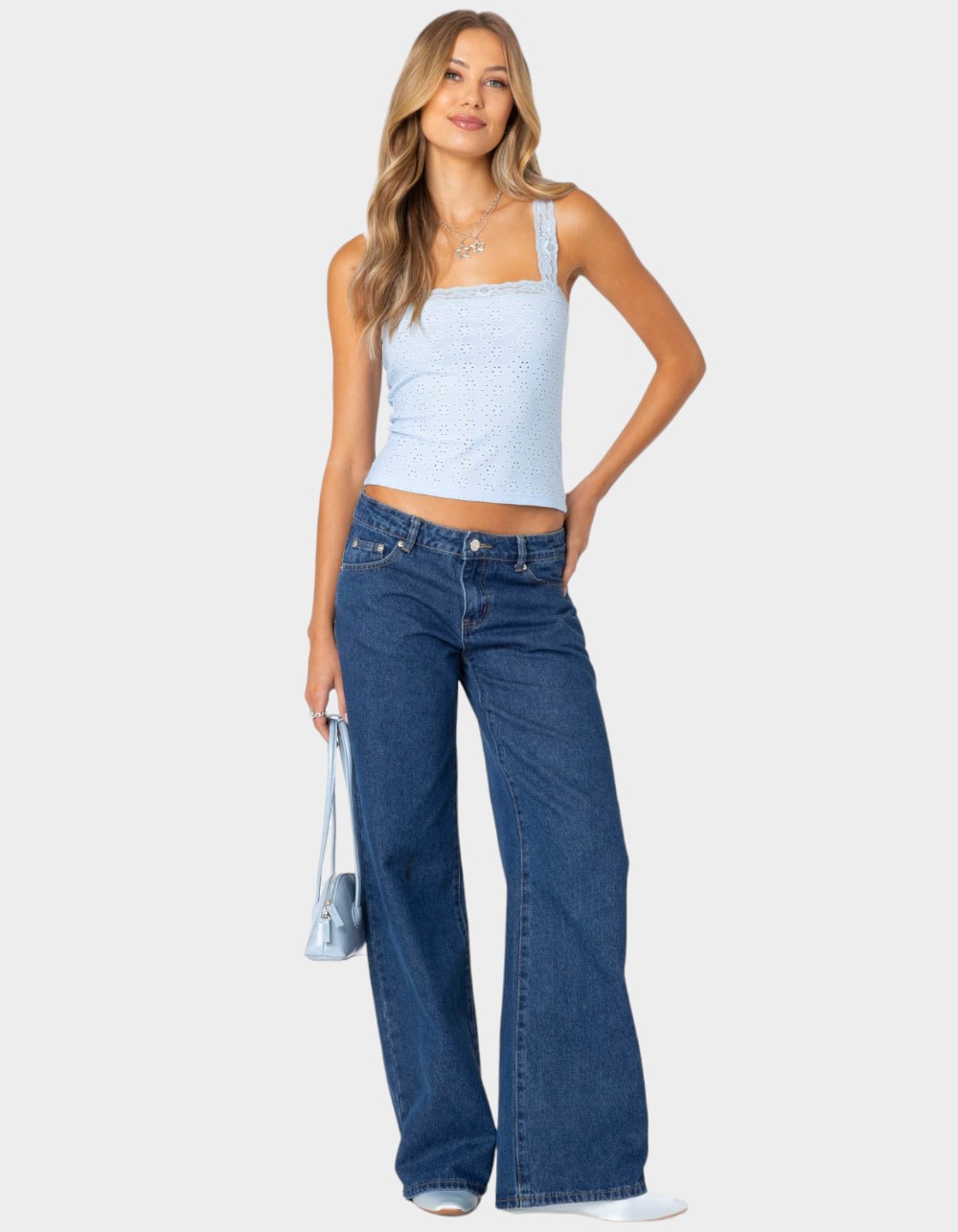 EDIKTED Virginia Lace Trim Eyelet Tank Top - LIGHT BLUE