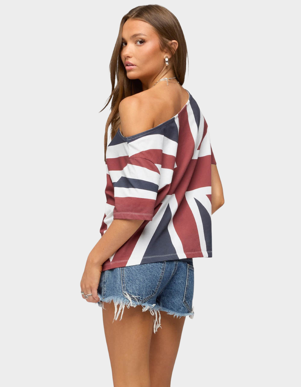 EDIKTED Union Jack Off Shoulder Tee - NAVY