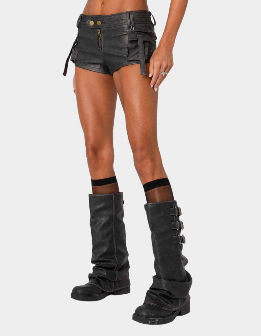 EDIKTED Washed Faux Leather Micro Cargo Shorts - BLACK