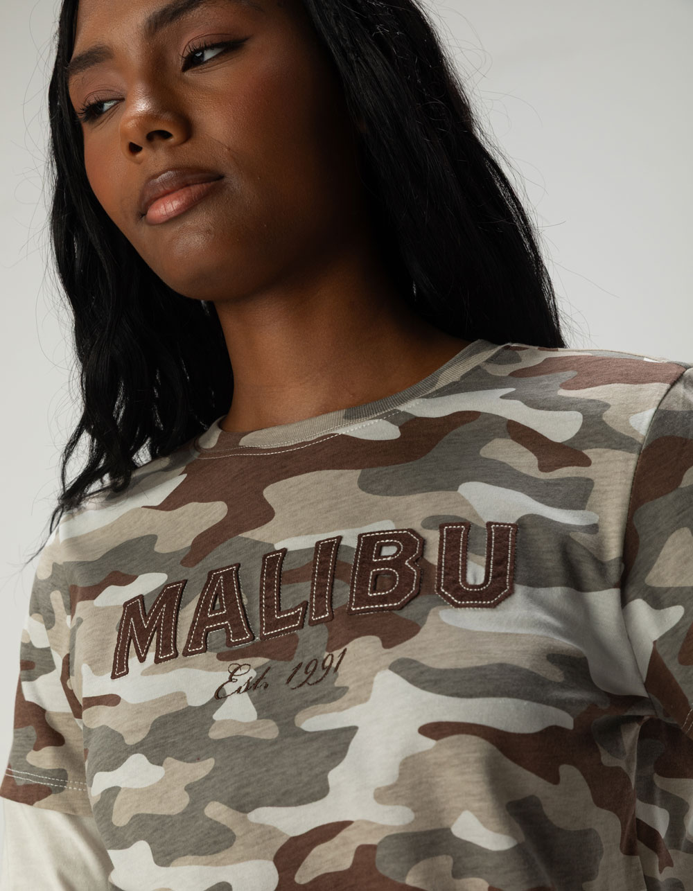 RSQ Malibu Womens Long Sleeve CAMO 2fer Tee