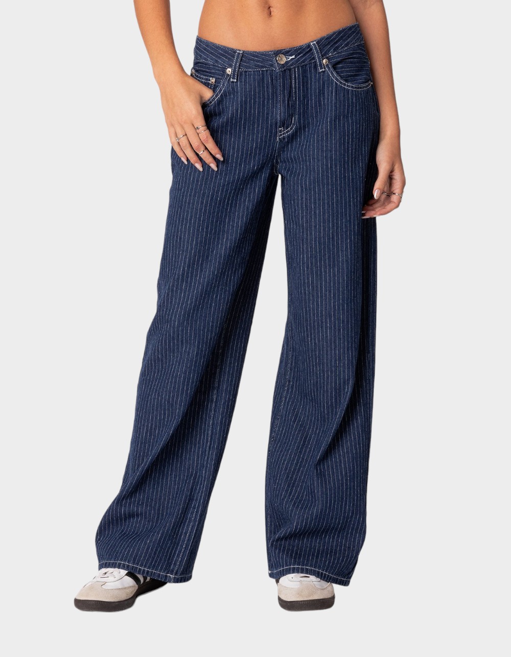 EDIKTED Pinstripe Low Rise Jeans - NAVY