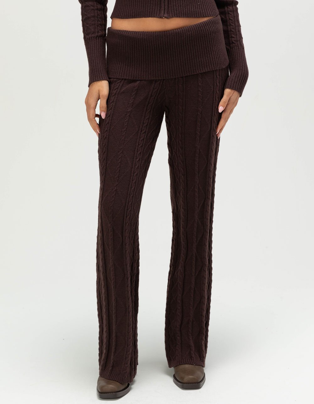 FULL TILT Cable Knit Womens Fold Over Pants - BROWN
