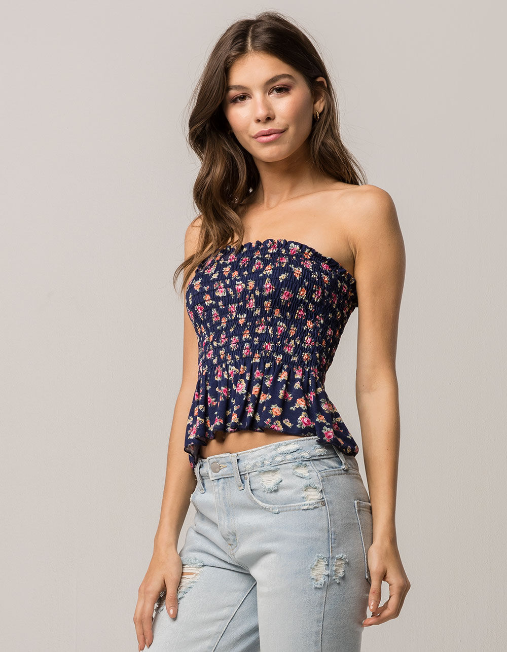 smocked peplum tube top