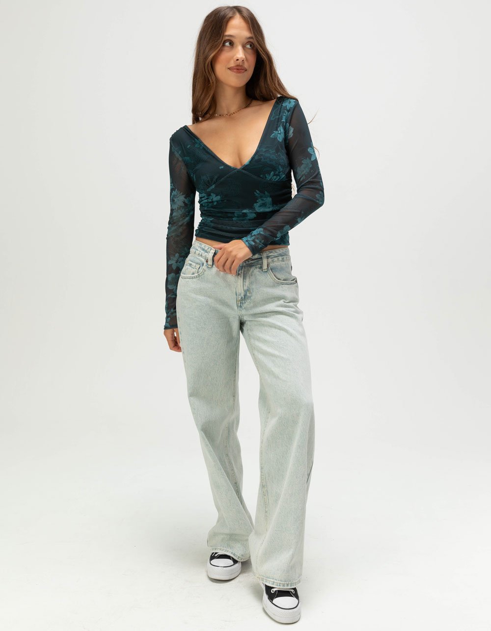 FULL TILT Floral Mesh Ruched Womens Long Sleeve Top - TEAL GREEN