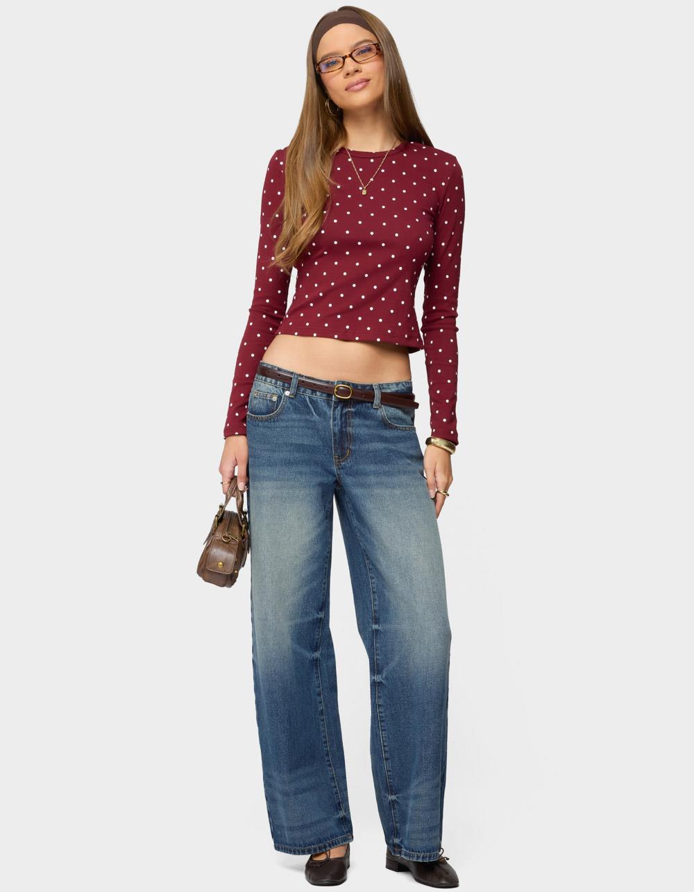 EDIKTED Daliya Polka Dot Long Sleeve Top - DK RED