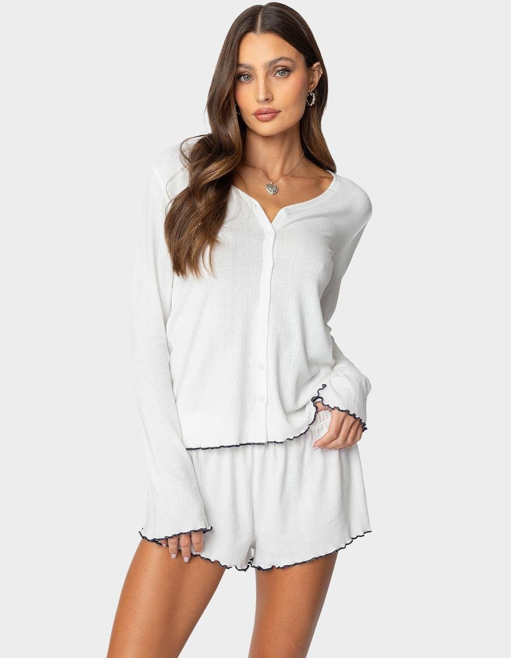 EDIKTED Chelsey Button Up Pointelle Top - WHITE