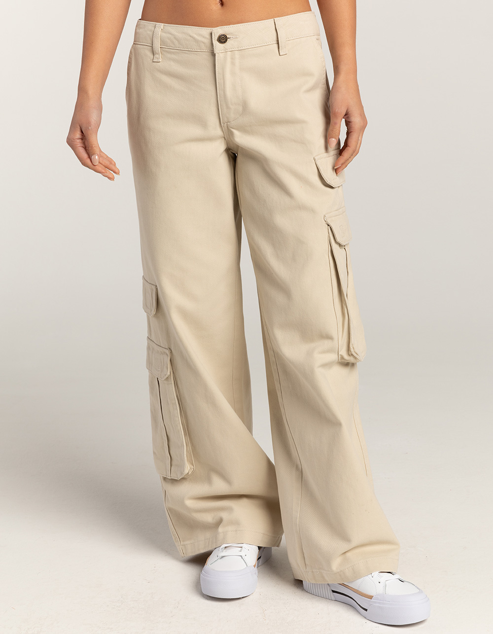 RSQ Womens Mid Rise Wide Leg Twill Cargo Pants - LIGHT TAN