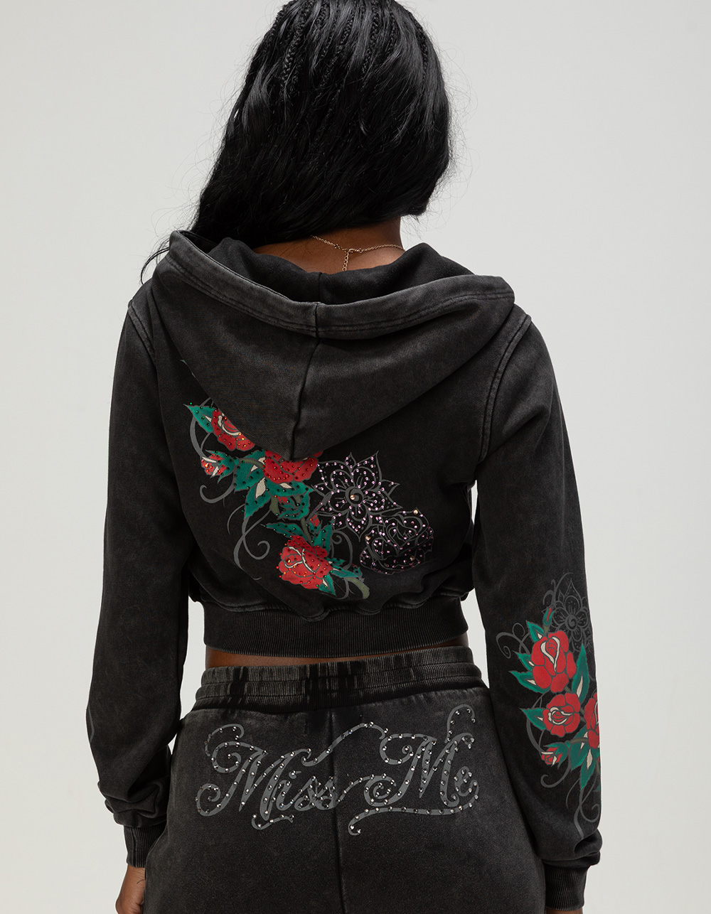 MISS ME Tattoo Womens Crop Zip-Up Rhinestone Hoodie - WASHED BLACK