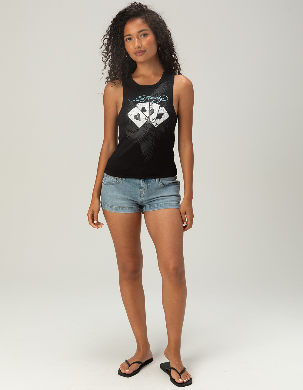 ED HARDY x MGK Lost Cards Rhinestone Womens Tank Top - BLACK