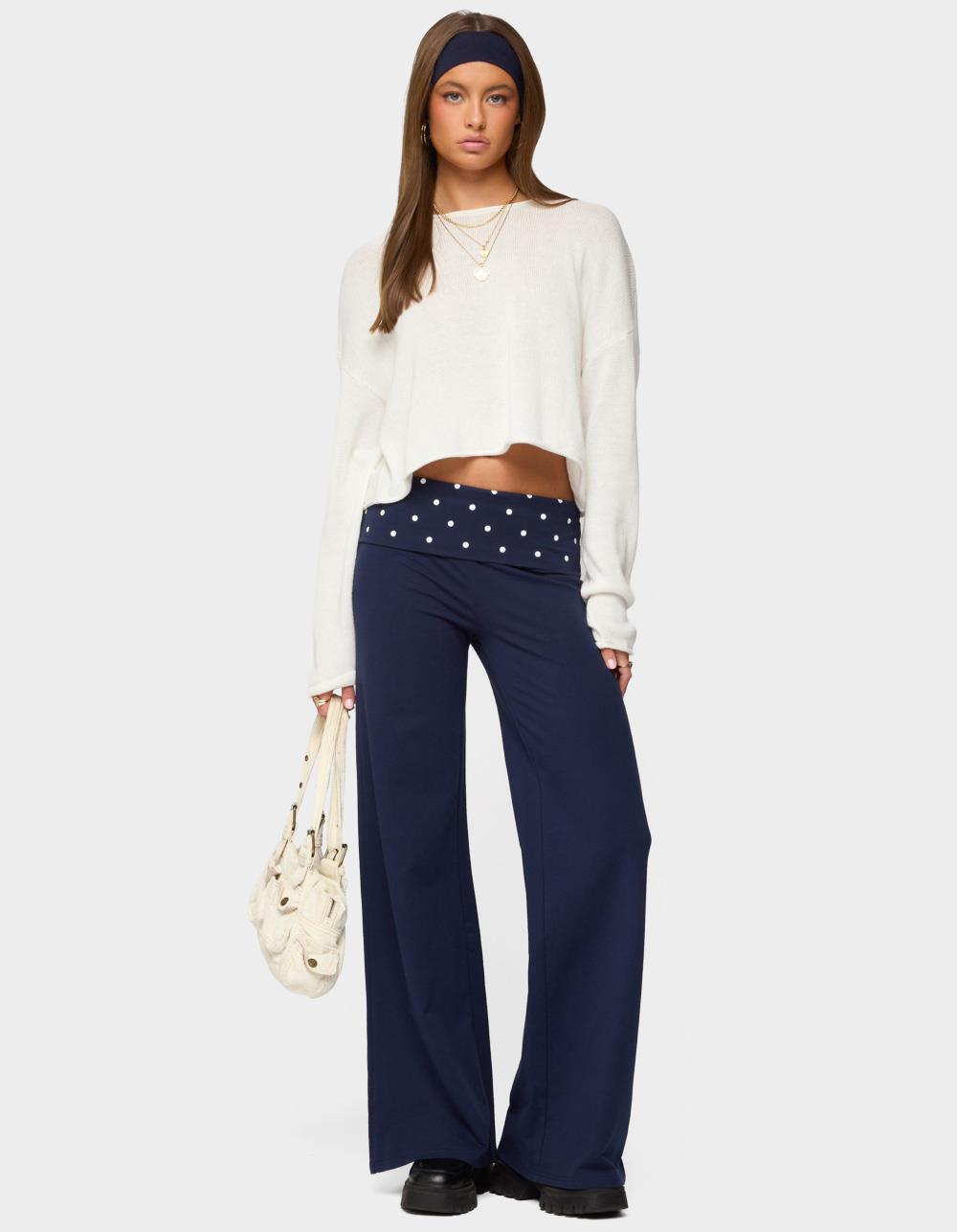 EDIKTED Reeva Polka Dot Fold Over Pants - NAVY