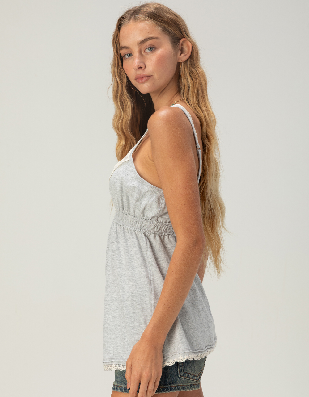 RSQ Womens Long Lace Trim Babydoll Top - HEATHER GRAY
