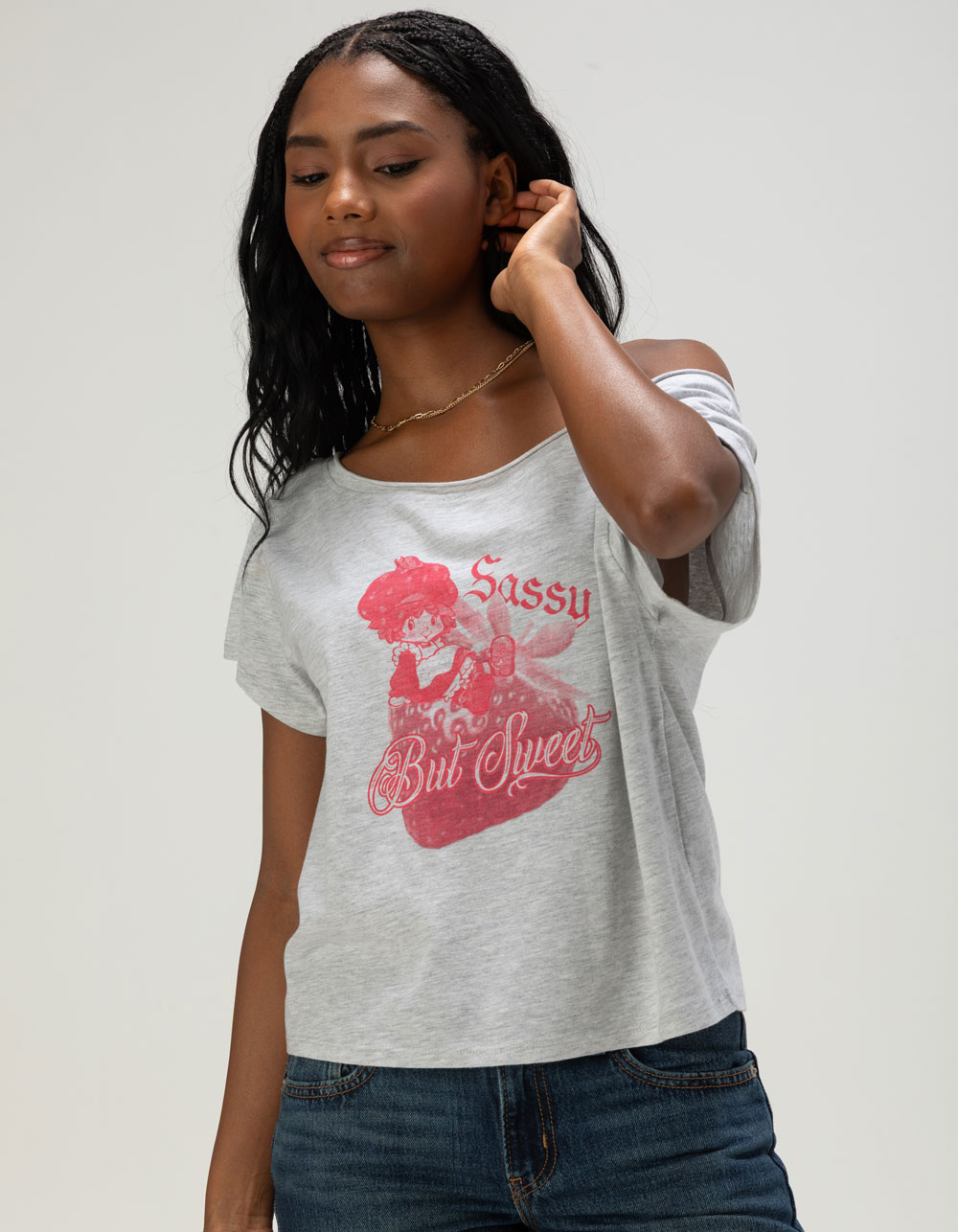 STRAWBERRY SHORTCAKE Womens Off The Shoulder Tee - GRAY