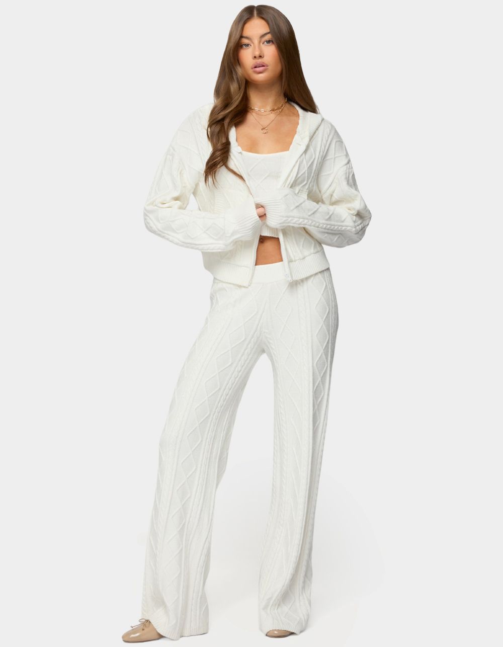 EDIKTED Louise Cable Knit Hooded Cardigan - WHITE