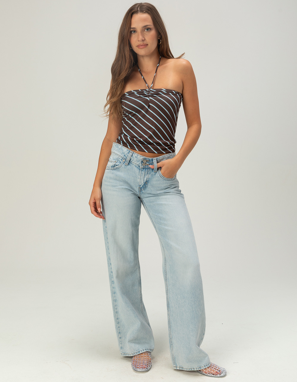 FULL TILT Womens Stripe Halter Top - BROWN/BLUE