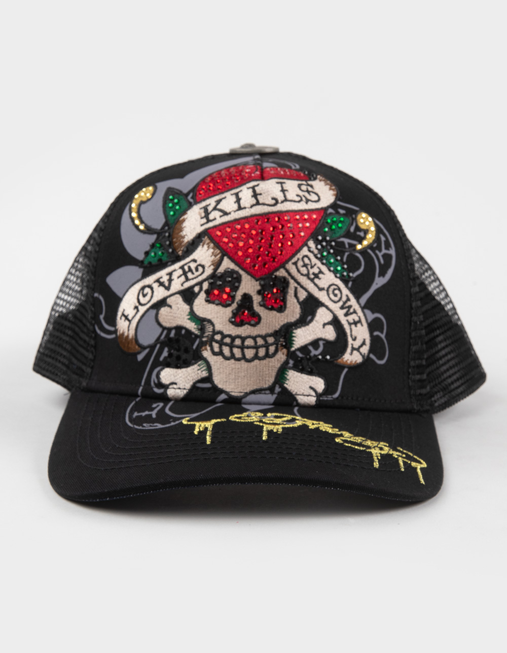 ED HARDY Love Kills Slowly Womens Rhinestone Trucker Hat - BLACK