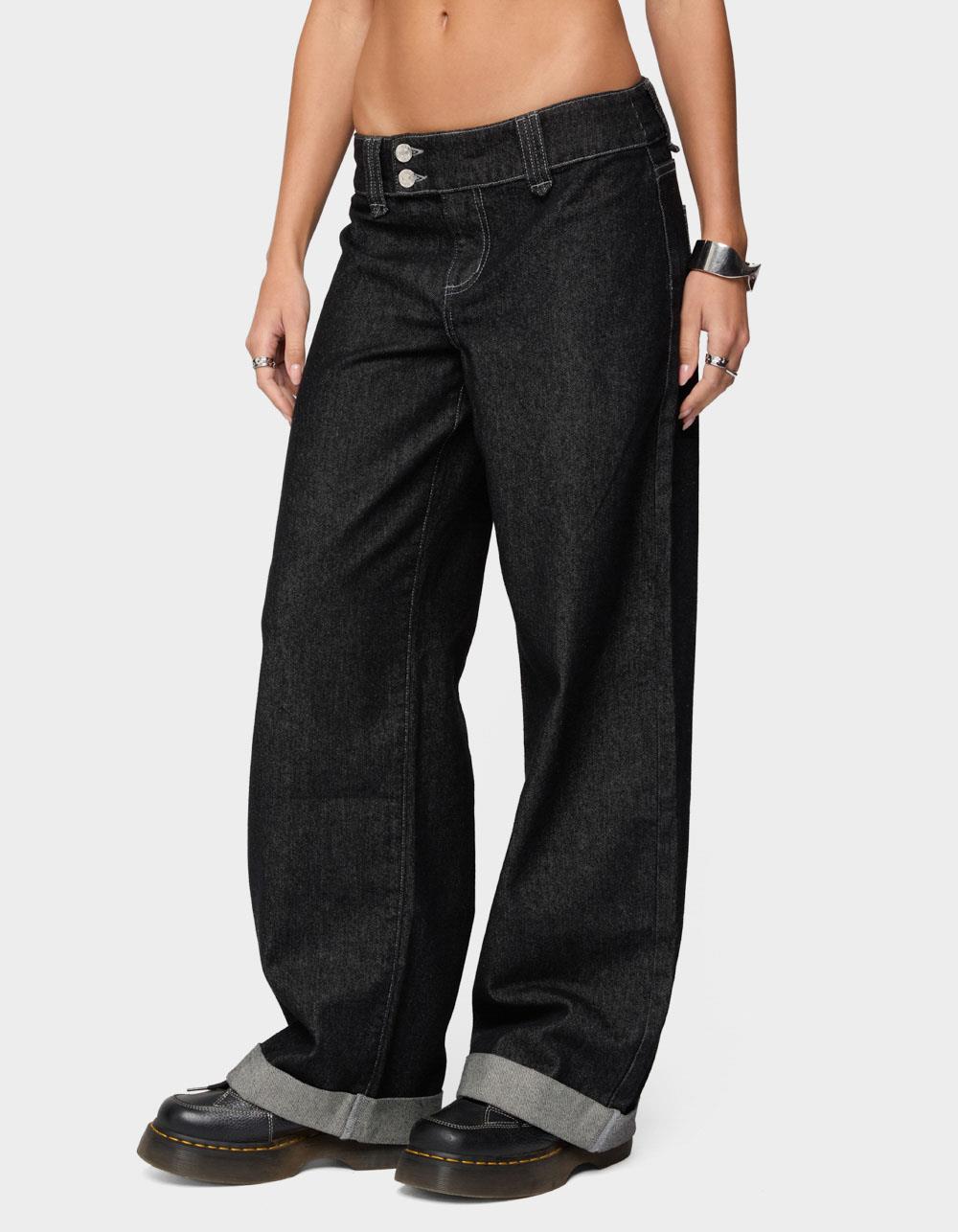 EDIKTED Cuffed Low Rise Straight Leg Jeans - BLACK