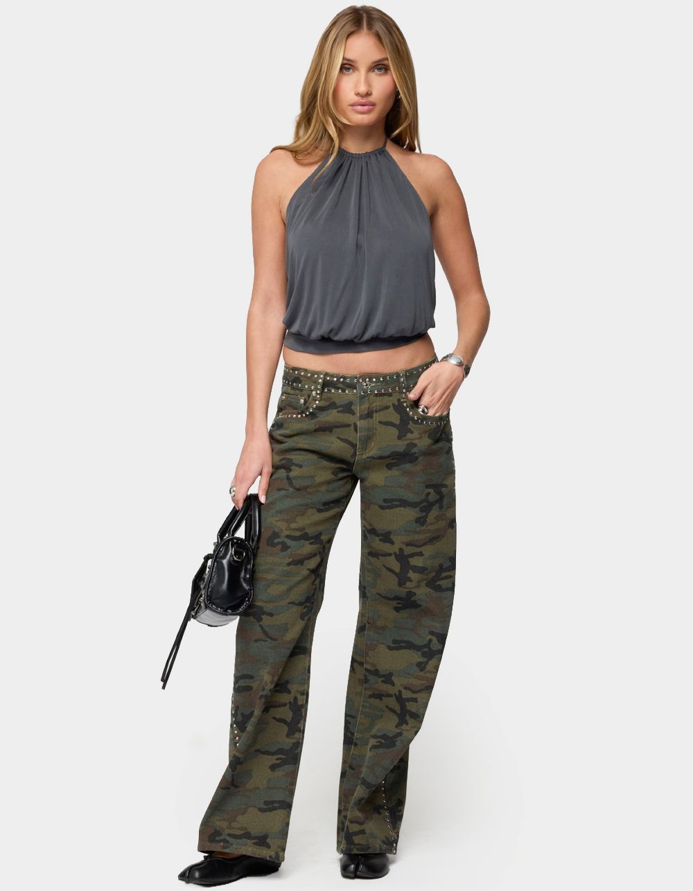 EDIKTED Kammy Draped Backless Halter Top - GRAY