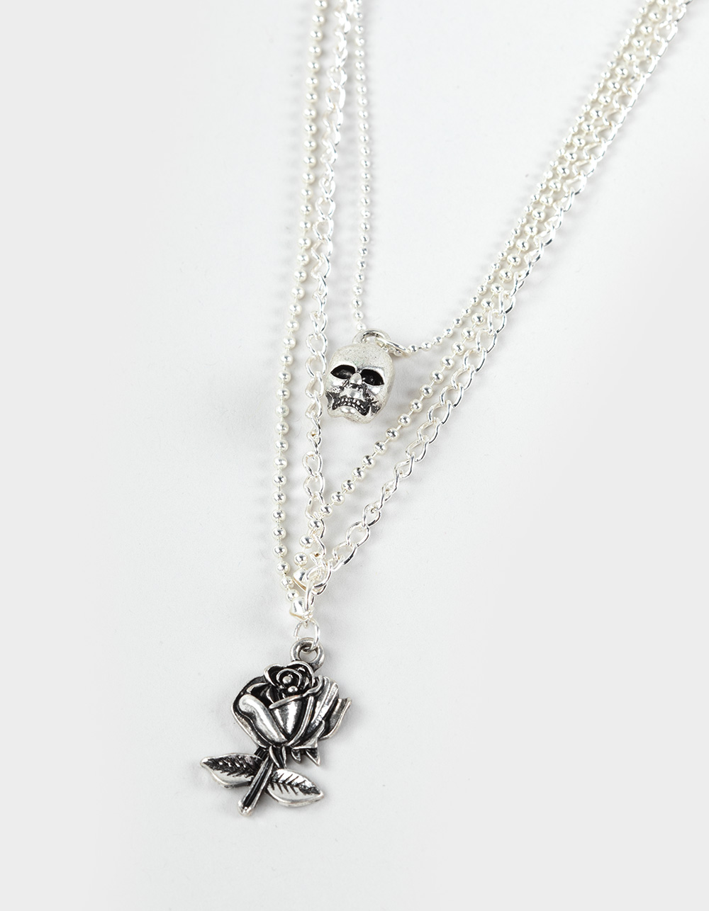 FULL TILT Layered Skull/Rose Necklace - SILVER