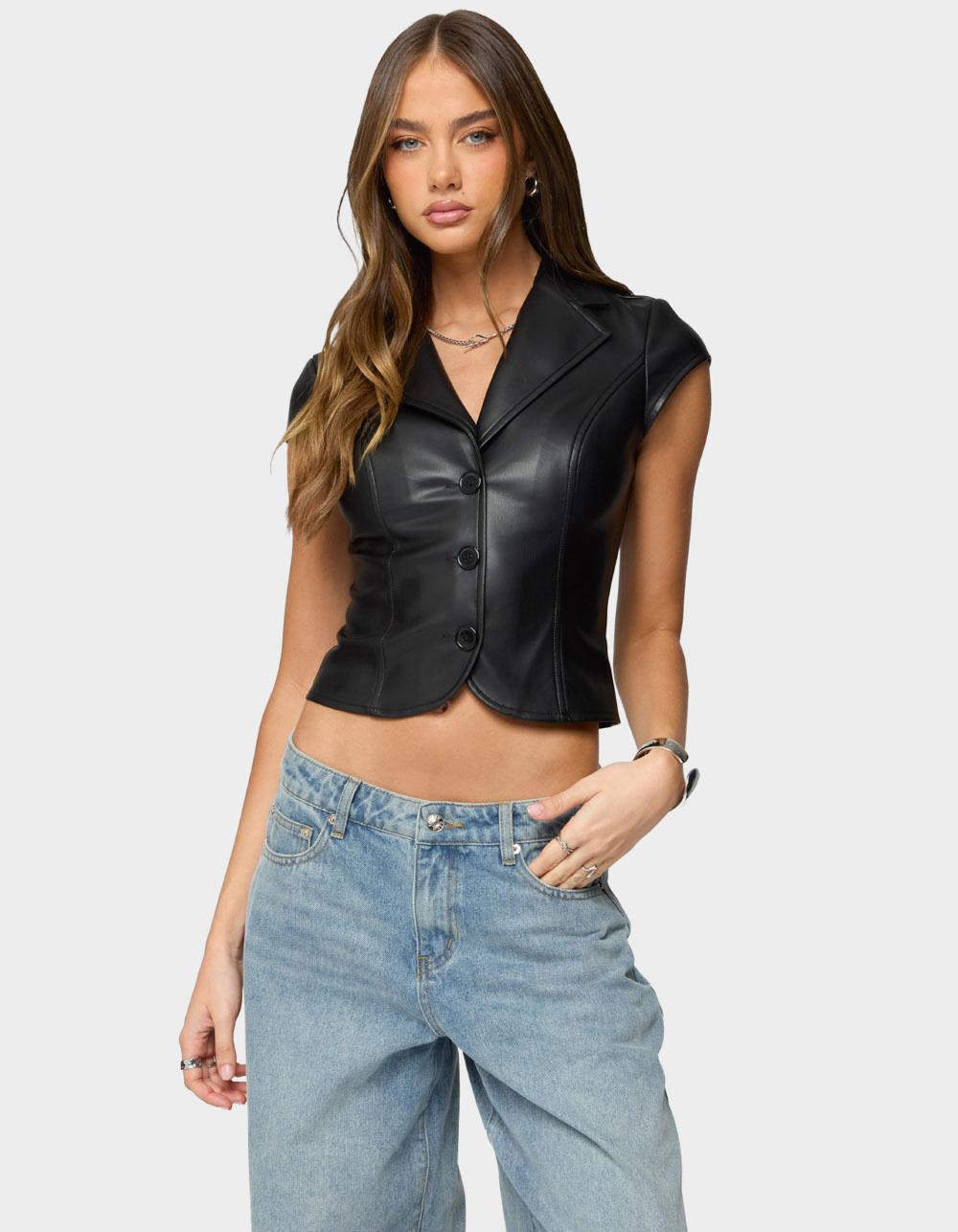 EDIKTED Faux Leather Tailored Button Up Top - BLACK