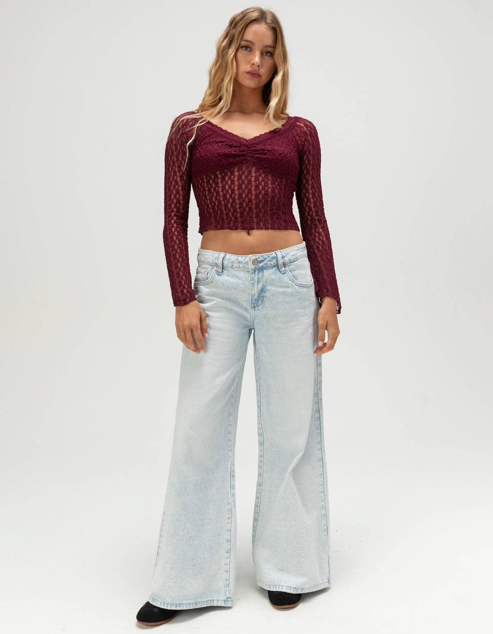 FULL TILT Womens Off The Shoulder Lace Top - BURGUNDY