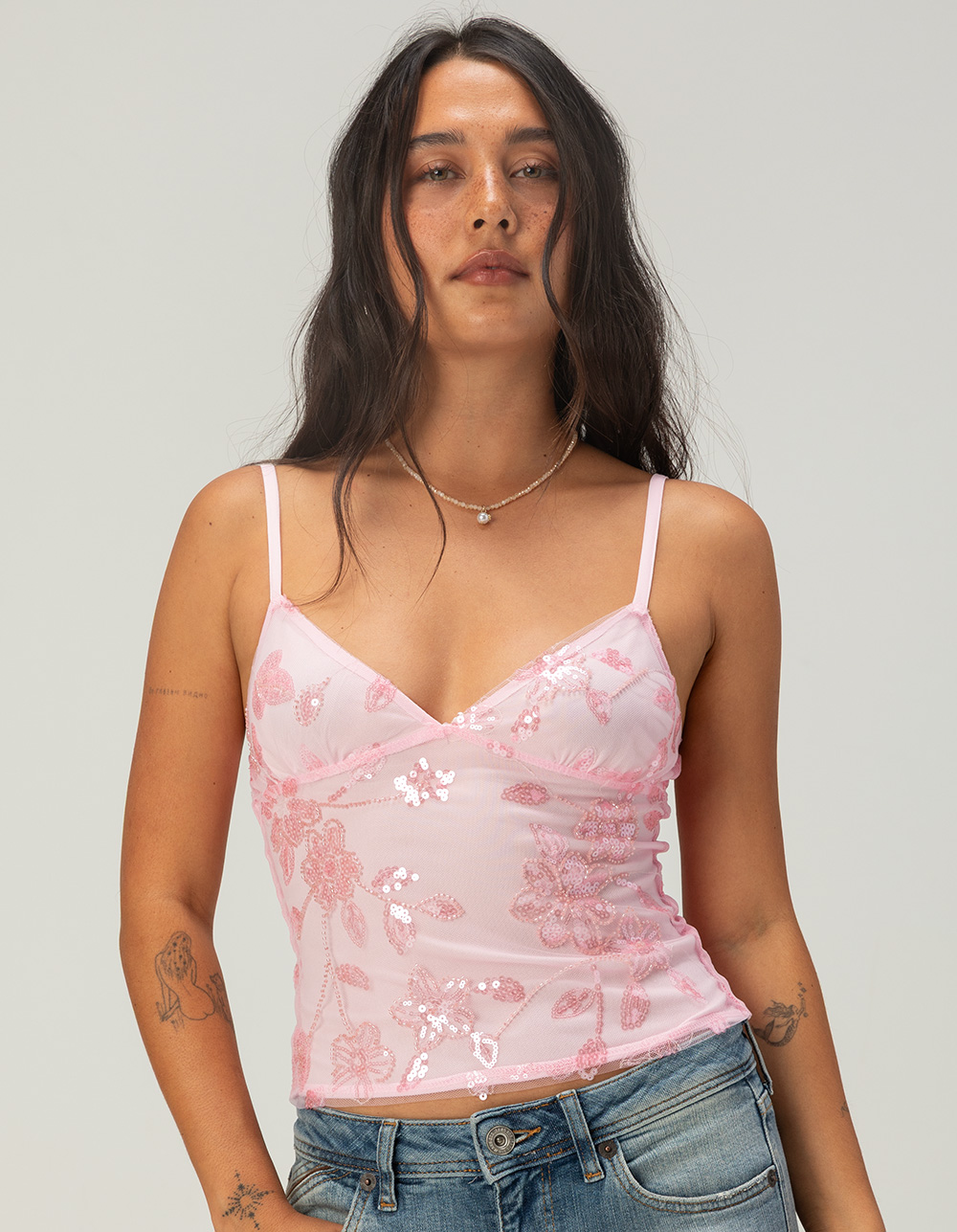 JUST POLLY Womens Sparkle Cami - PINK