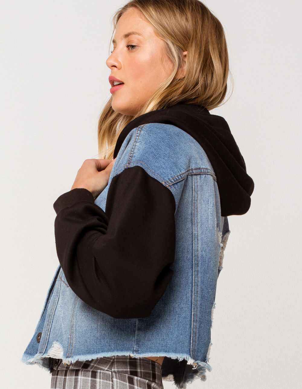 HIGHWAY Fleece Sleeve Womens Hooded Denim Jacket MEDIUM DISTRESSED