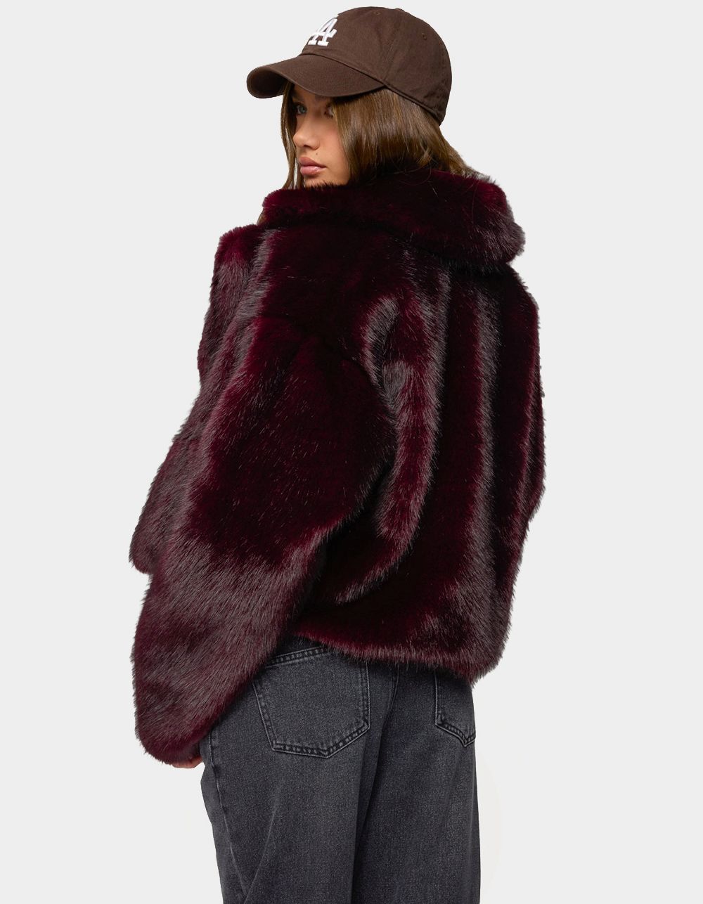 EDIKTED Kamilah Oversized Faux Fur Coat - DK RED