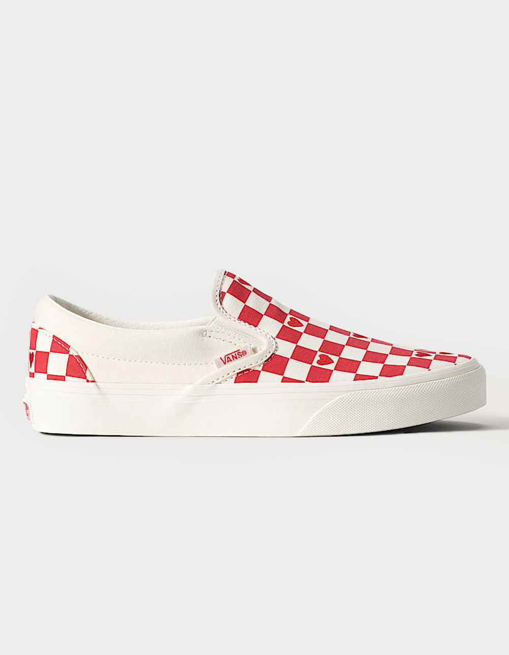 VANS Checkerboard Hearts Womens Classic Slip-On Shoes - RED/WHITE