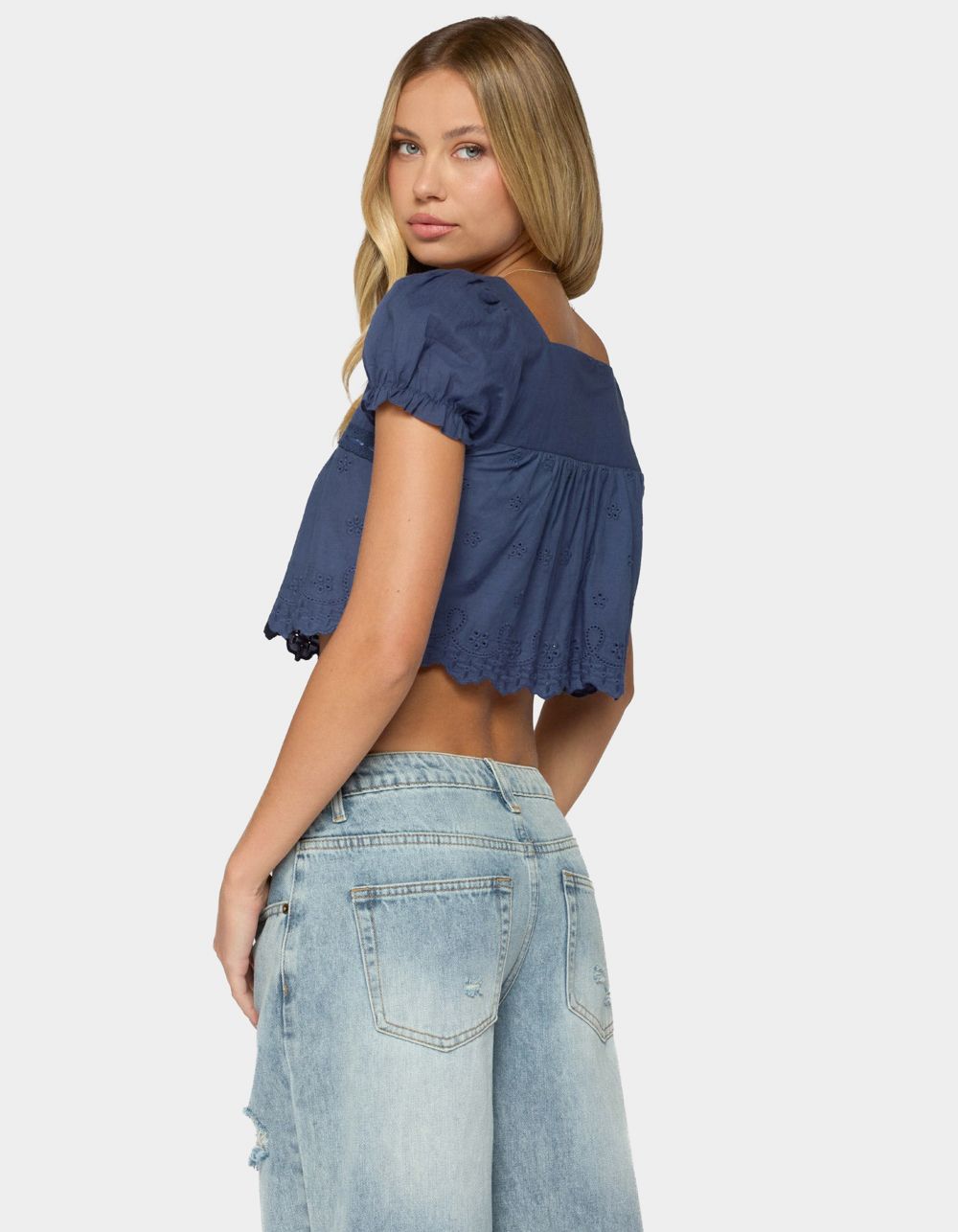 EDIKTED Joeli Cotton Eyelet Crop Top - NAVY