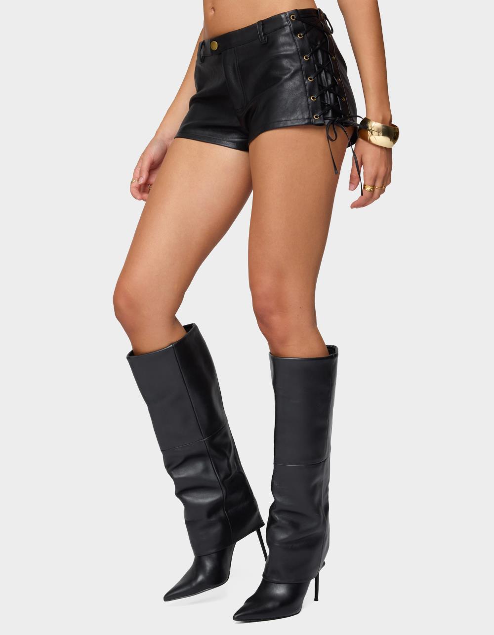 EDIKTED Kariss Lace Up Faux Leather Micro Shorts - BLACK