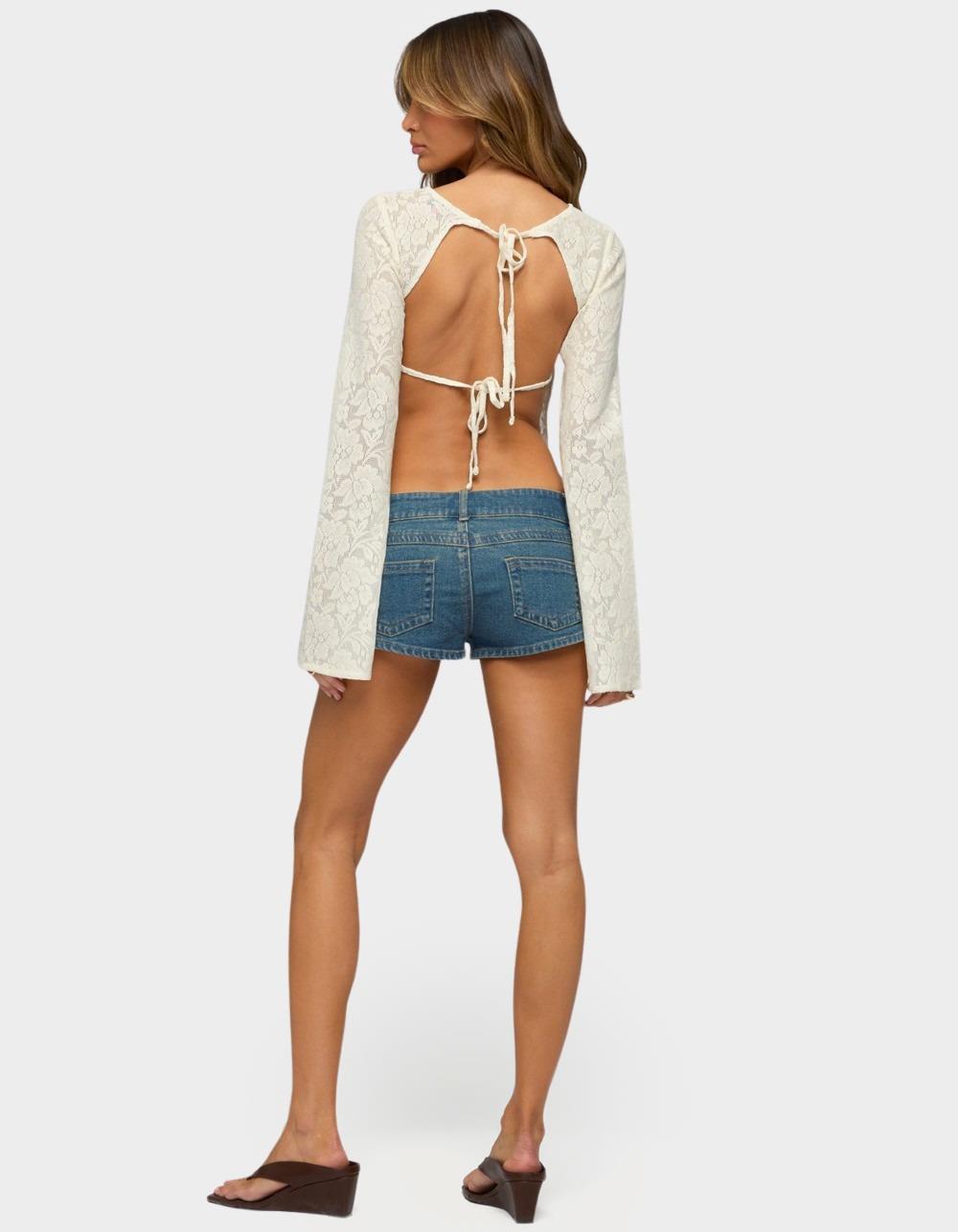 EDIKTED Flaura Backless Sheer Lace Top - BEIGE