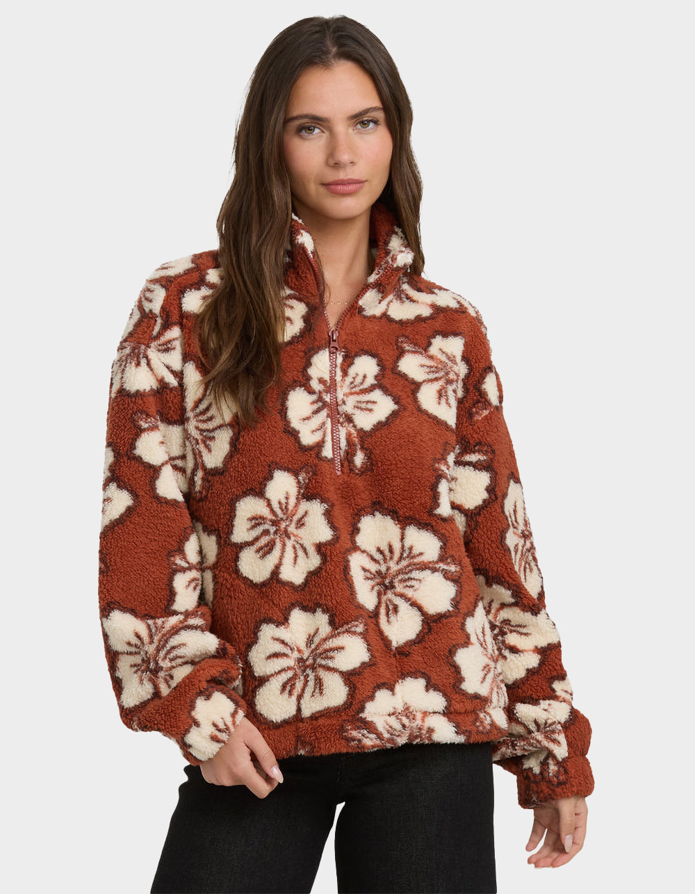 BILLABONG All The Time Womens Half-Zip Sherpa Sweatshirt - BURGUNDY COMBO