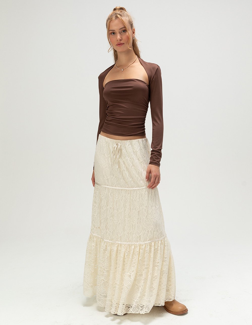 WEST OF MELROSE Lace Womens Tiered Maxi Skirt - CREAM