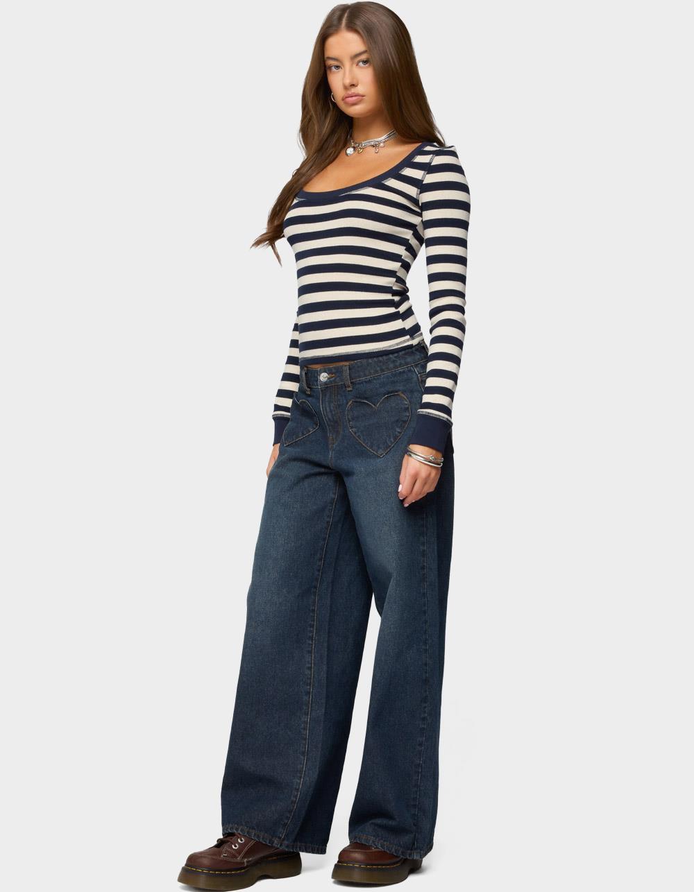 EDIKTED Heart Pockets Low Rise Baggy Jeans - DARK BLUE
