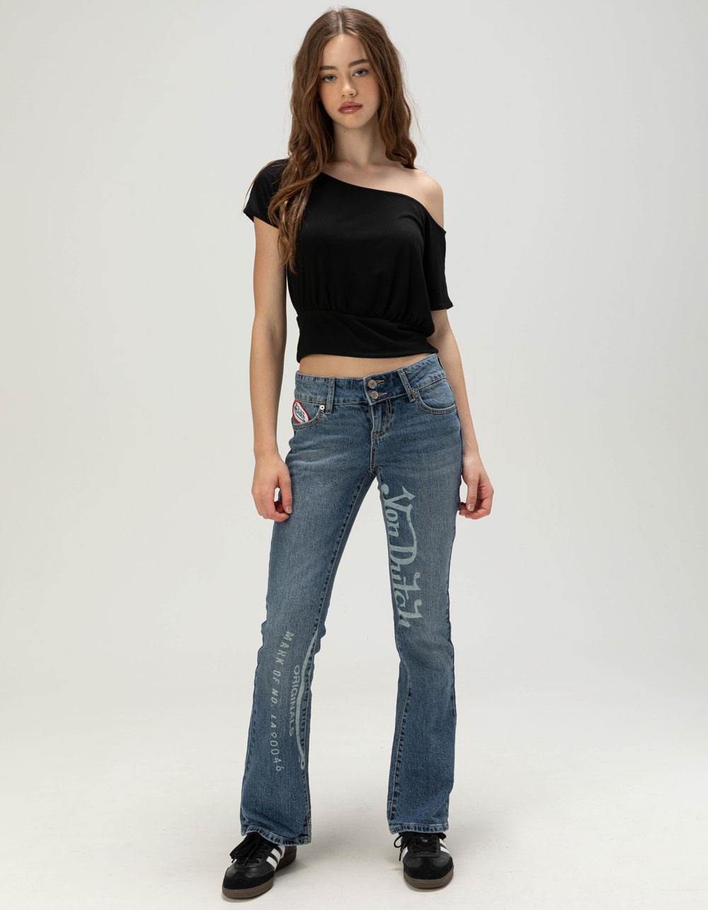 VON DUTCH Low Rise Womens Flare Jeans - MEDIUM WASH