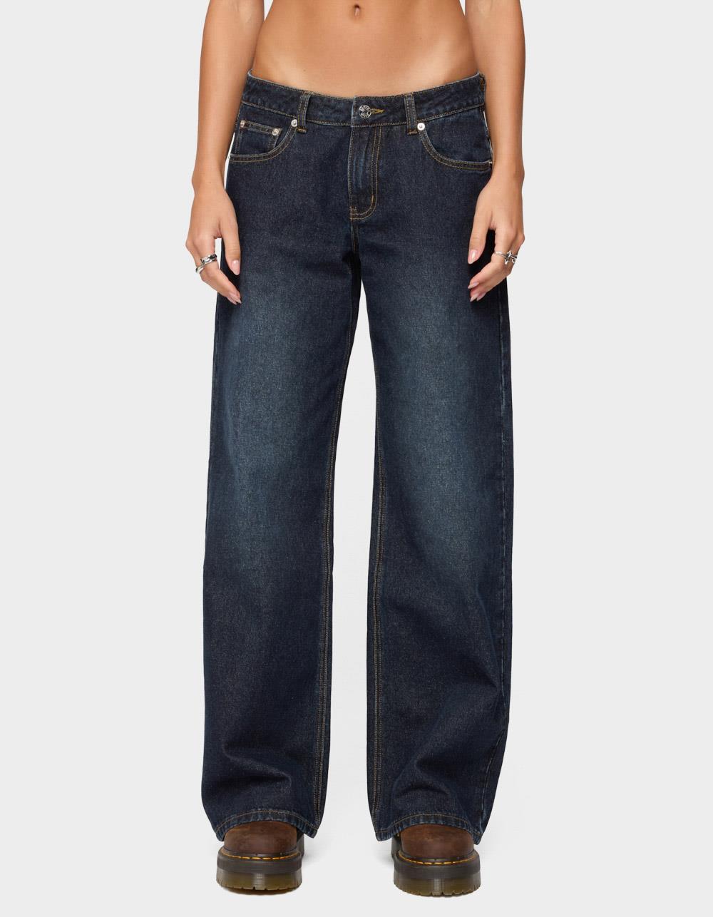 EDIKTED Raelynn Washed Low Rise Baggy Jeans - DARK BLUE